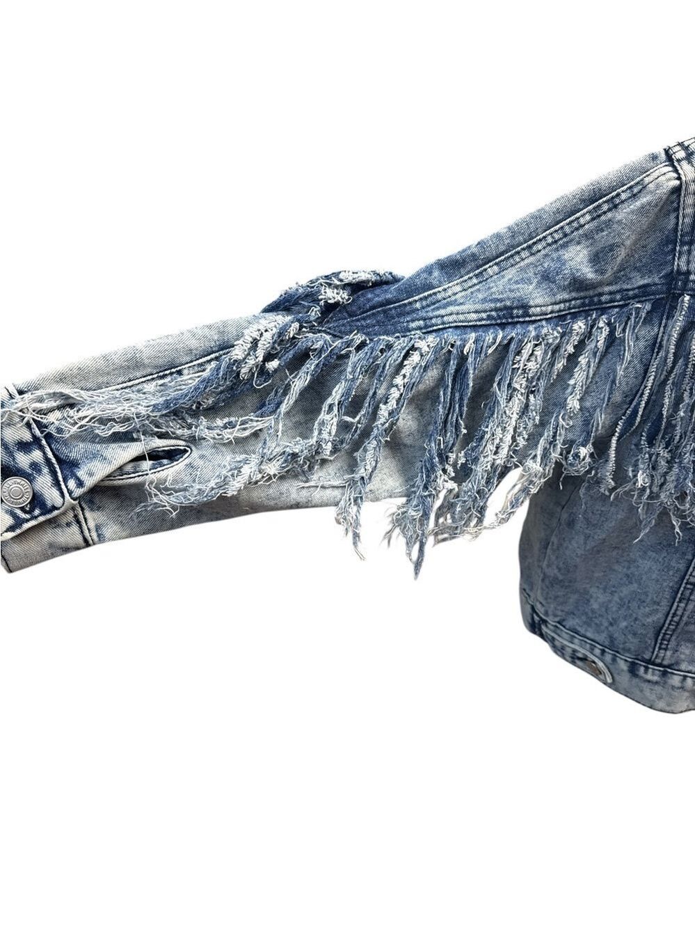 Thrill Women's Distressed Denim Jacket Blue Size L Casual Button-Up - Picture 3 of 7